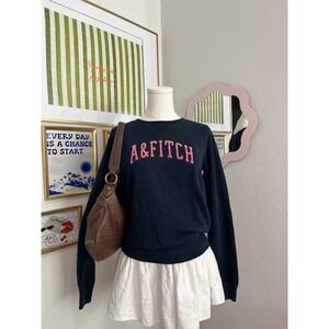 Abercrombie & Fitch Navy Blue Pink Logo Crewneck Sweatshirt Womens Medium Raglan
